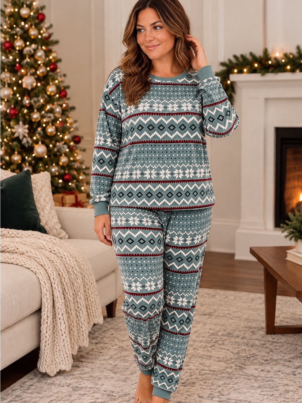 Primark Women’s Fair Isle Fleece Pajama Set | Top & Pants | Large